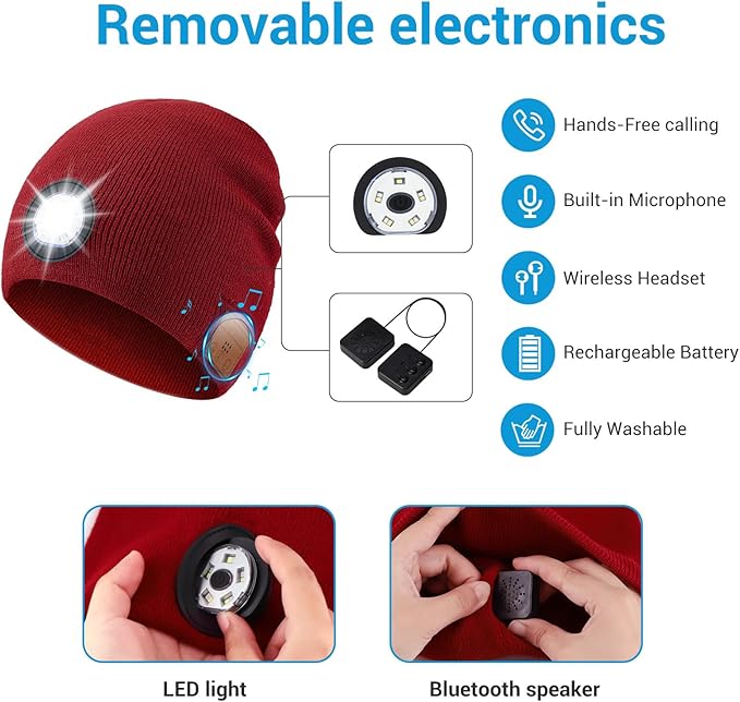 Bluetooth Beanie with Light, HD Stereo Sound, USB Rechargeable Headlamp for Hiking Fishing, Gift for Men Women Teen