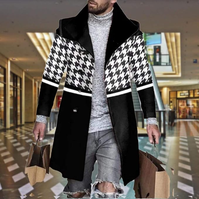 Men's Plaid Long Trench Coat Mid - Length Lapel Collar Button Down Warm Overcoat for Winter & Autumn Fashion