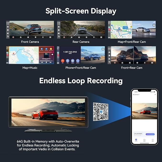 Wireless Carplay Screen for Car, Portable Apple CarPlay Screen Touchscreen Car Play with 4K Dash Cam,1080P Backup Camera,Carplay&Android Auto,Loop Recording,GPS Navigation,Bluetooth (9inch)
