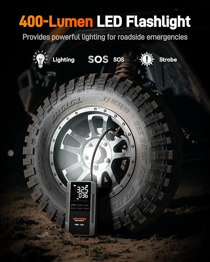 WOLFBOX 4000A Jump Starter with 160PSI Air Compressor, 12V Car Battery Booster, 65W Fast Charge, 88.8Wh Portable Tire Inflator, LED Display for 10L Gas & 10L Diesel Engines, LED Light, Jumper Cables