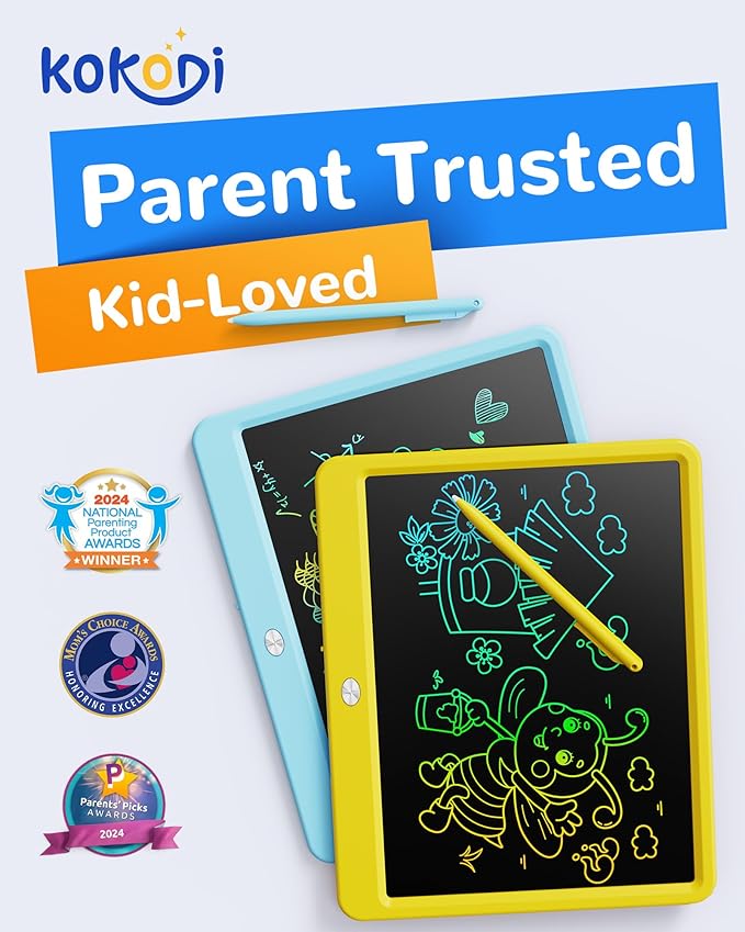 KOKODI LCD Writing Tablet, 12 Inch Colorful Toddler Doodle Board Drawing Tablet, Erasable Reusable Electronic Drawing Pads, Educational and Learning Toy for 3-6 Years Old Boy and Girls(Yellow)