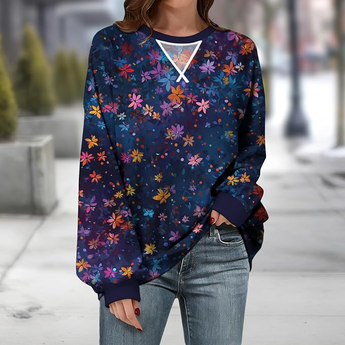 Womens Sweatshirts Fahsion Floral Print Long Sleeve Comfy Fall Tops Oversized Casual Crewneck Pullover Shirts