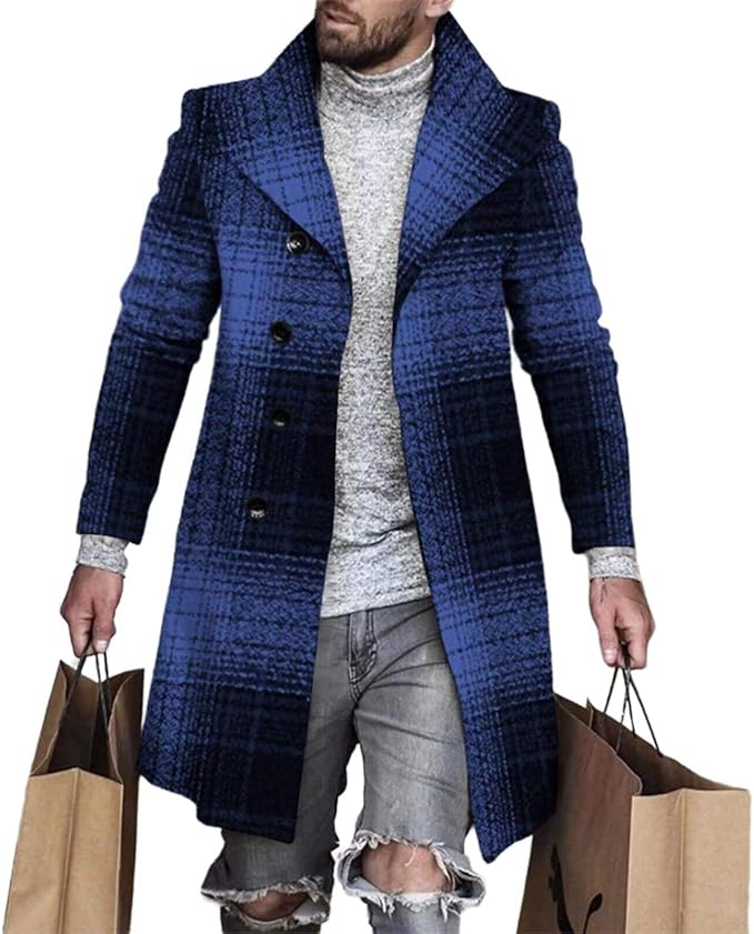 Men's Plaid Long Trench Coat Mid - Length Lapel Collar Button Down Warm Overcoat for Winter & Autumn Fashion
