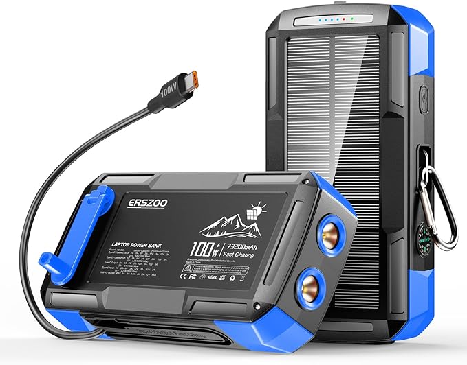 Solar Charger Power Bank 73200mAh, Portable Laptop Charger with 100W USB-C in/Output, Built-in Cables, Hand Crank Power Bank for Mobile Phones, Ideal for Outdoor Use with SOS/Strobe/Strong (blue)