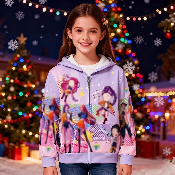 Ecocomfy Pop Singer Costume for Girls, 3D Printed Hooded Sweatshirt, Kids Casual Novelty Hoody Long Sleeve Zipper Jacket