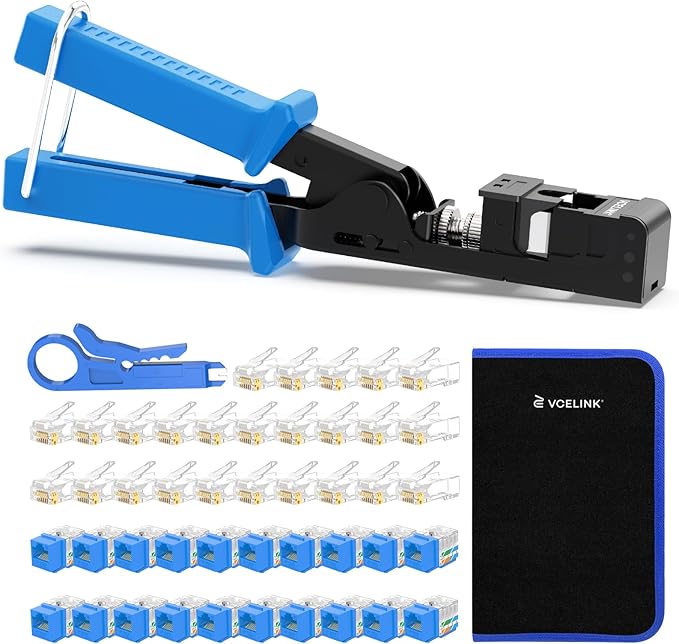 VCELINK Speed Termination Tool for VCE 90-Degree Keystone Jacks Punch Down Network Tool Kit with 20-Pack CAT6 Keystone Jacks UL-Listed Blue, 25-Pack RJ45 Connectors, 1-Pack Mini Wire Stripper