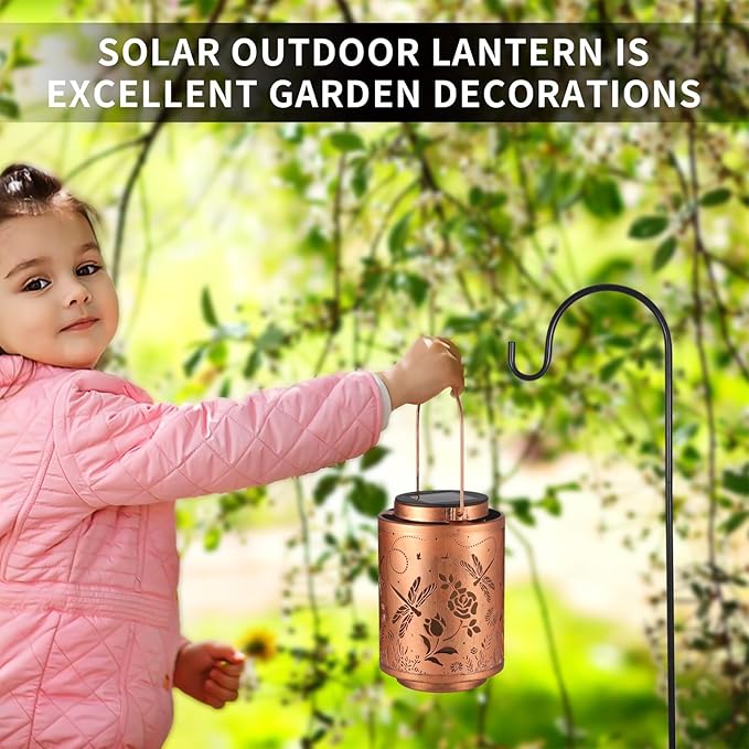 2 Pack Solar Lanterns Garden Decor Birthday Gifts for Women Mon Grandma Metal Hanging Solar Lights Waterproof Outdoor Decoration for Outside LED Lanterns for Yard (Dragonfly)