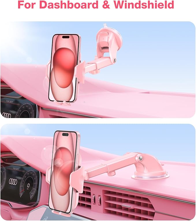 VICSEED Pink Phone Holder for Your Car [Sturdy & Durable] [Powerful Suction] Dashboard Windshield Air Vent Car Phone Holder Hands Free Phone Mount for Car for iPhone Android, Pink Car Accessories