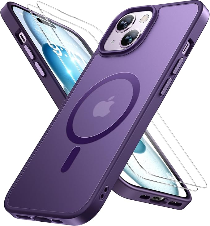 Miracase Magnetic for iPhone 15 Case (Compatible with MagSafe)（with 2X Screen Protectors） Military-Grade Protection, Anti-Fingerprint Translucent Matte Phone Cover for iPhone 15 6.1 inch, Dark Purple