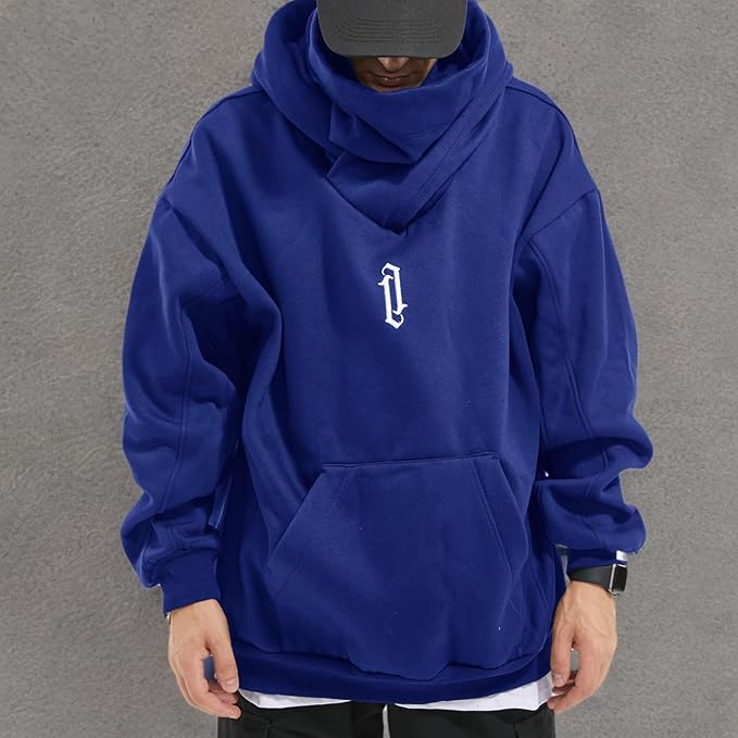 Fleece Hoodies for Men Cowl Neck Sweatshirts Hood with neck Gaiter Casual Pullover Fall Winter with Embroidery