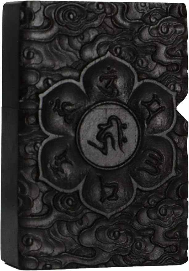 Natural Ebony Black Wood Carved Lighter Shell Box For Zippo Module (Protector Deity/Mahasa Boddhisattva)
