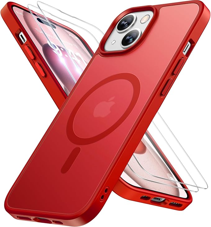 Miracase Magnetic for iPhone 15 Plus Case 6.7 inch (Compatible with MagSafe)（with 2X Screen Protectors） Military-Grade Protection, Anti-Fingerprint Translucent Matte Phone Cover, Red