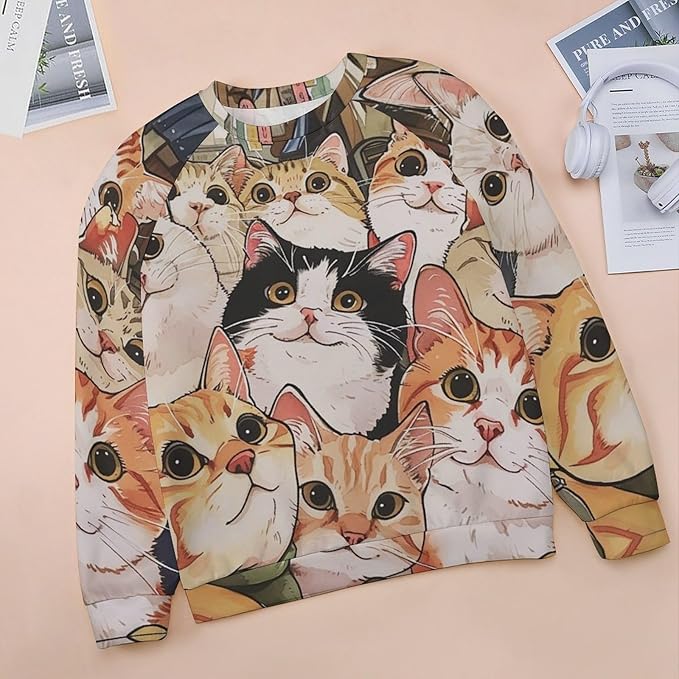 Fall Sweaters for Women 2024 Cat Print Long Sleeve Casual Crewneck Warm Fall Pullover Comfy Fashion Sweatshirts