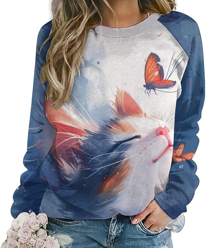 Long Sleeve Shirts for Women Cat Printed Fall Winter Dressy Holiday Casual Fashion Crewneck Tunic Tee Shirts
