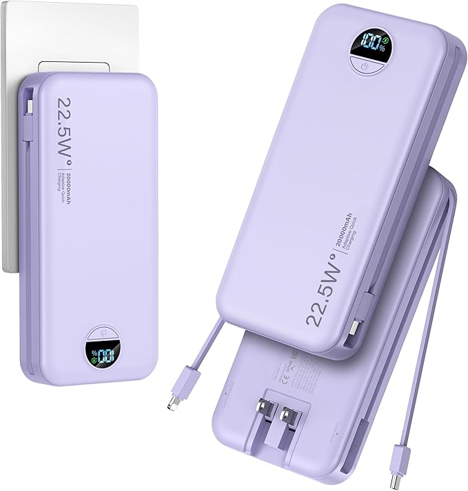20000mAh Ultra-Portable-Charger-Power-Bank PD20W with Built in Cables&AC Wall Plug,Fast Charging Cell Phone Charger Battery Pack,LED Display Travel Battery Bank for All iPhone,Samsung,Android