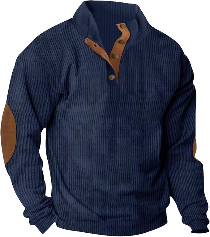 Men's Casual Corduroy Sweatshirt Long Sleeve Elbow Patches Pullover Fashion Stand Collar Quarter Button Sweatshirts