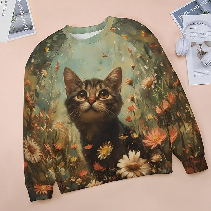 Sweatshirt for Women Cat Print Fashion Funny Plus Size Ladies Dressy Crewneck Casual Trendy Tee Shirts