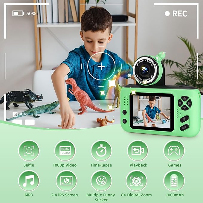 Kids Camera, Birthday Gifts for Boys and Girls Age 3-8,Video Recorder for Kids 8-12,Childrens Digital Camcorder for vlogging Portable Kids Selfie Camera with 32GB SD Card Green