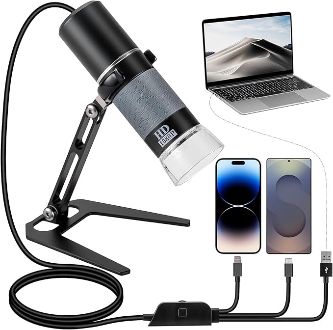 Ninyoon Full HD 1080P USB Digital Microscope Camera for iPhone iPad Android PC, 50-1000X High Definition Portable Handheld Microscope with Light for Coin Plants Trichome Soldering Skin Scalp