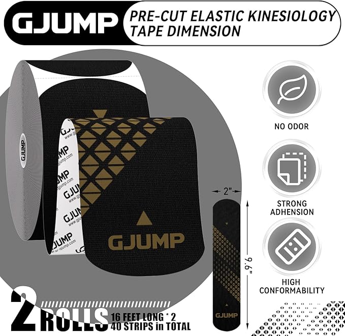 GJUMP Kinesiology Tape, Precut Athletic Sports Tape 40 Strips (2 Rolls), Waterproof Breathable Muscle Tape for Pain Relief & Joint Support