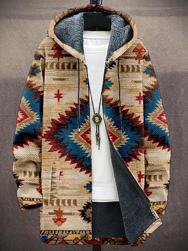 2025 Men's Ethnic Pattern Hooded Jacket Long Cardigan Hoodies Full Zip Vintage Knitted Zipper Coat with Pocket