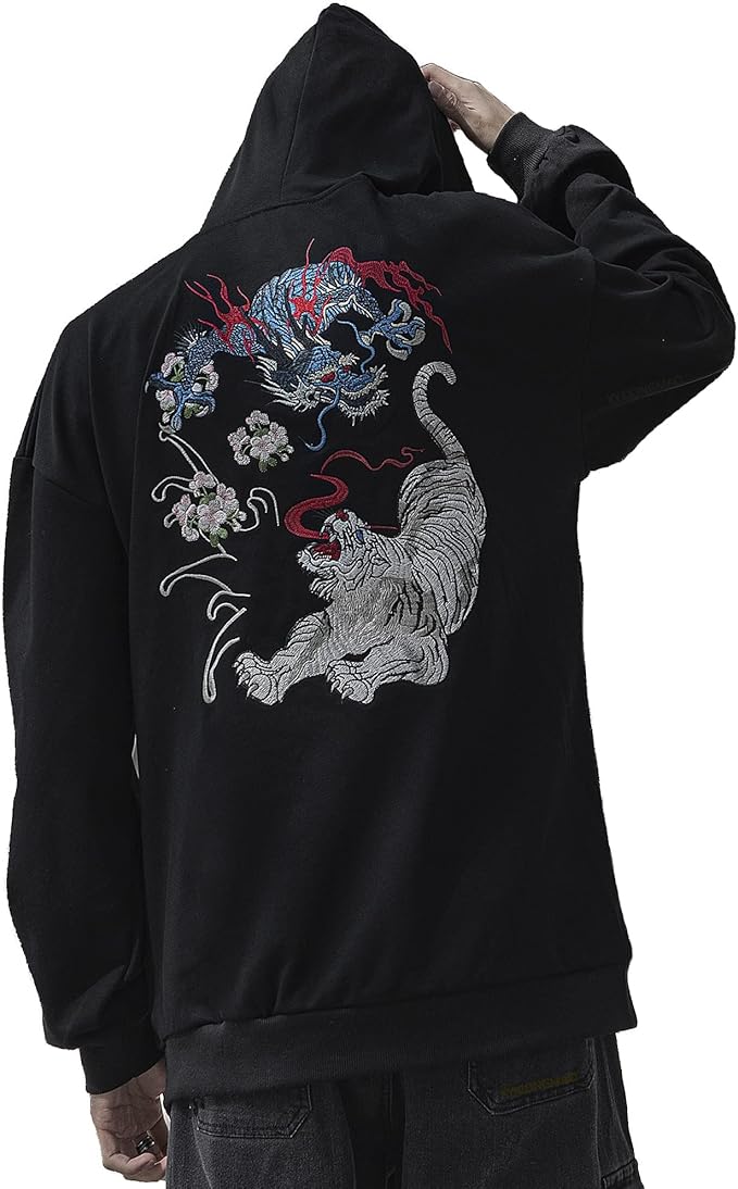 XYXIONGMAO Embroiderd Streetwear Dragon Tiger Fight Hoodies Men Japanese Black Hip Hop Graphic Hoodie Techwear Sweatshirt