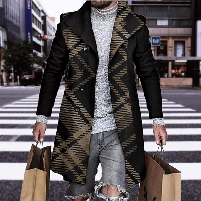Men's Plaid Long Trench Coat Mid - Length Lapel Collar Button Down Warm Overcoat for Winter & Autumn Fashion