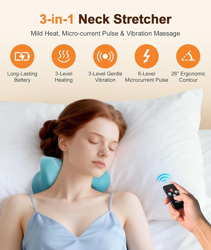 Ringco Neck Massager Pillow with 3 Level Heating & Vibration Adjustable, Heated Neck Stretcher with 6 Modes, Rechargeable Cervical Traction Device for Pain Relief & Muscle Relaxation (Light Blue)