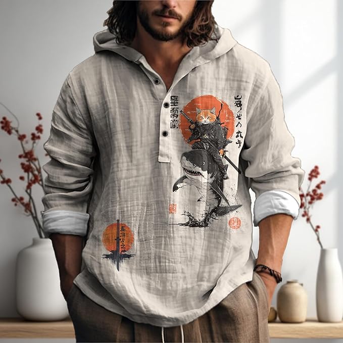 MARSVOVO Mens Japanese Art Long Sleeve Hooded Shirts Lightweight Quarter Button Hoodie Casual Cool Tops for Spring Fall