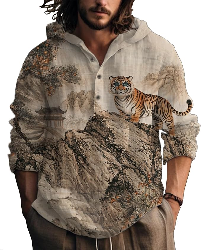 MARSVOVO Hooded Long Sleeve Shirt Men Fashion Graphic Button Up Lightweight Big and Tall Casual Vacation Shirts for Men