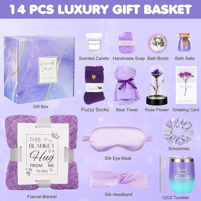 Gifts for Mom, Birthday Gifts for Women, Relaxing Spa Gifts Care Package with Luxury Flannel Blanket, Light-Up Rose Flower, Unique Mothers Day Gifts for Mom, Wife, Grandma, Sister, Friends