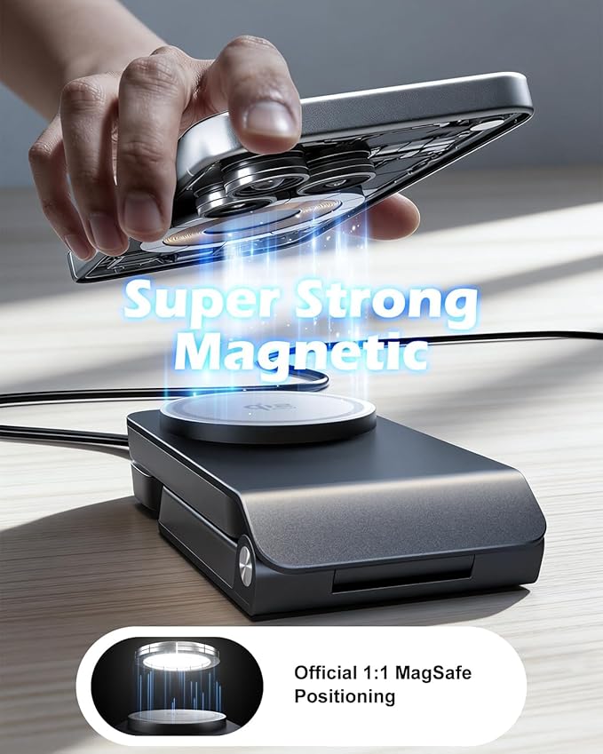 CloudValley 3-in-1 Magnetic Travel Wireless Charging Station, Qi2.2 25W Foldable Charging Stand with TEC Active Cooling Fan, Design for MagSafe iPhone 17/16, AirPods & Apple Watch（Adapter Included