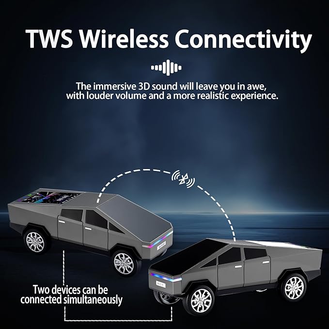Futuristic Pickup Truck Bluetooth Speaker with LED Display Screen – TWS Stereo, FM Radio, USB/TF Playback, LED Headlights, Built-in Mic, Gift for Truck Fans, Auto Style Lovers&Tech Collectors (Silver)