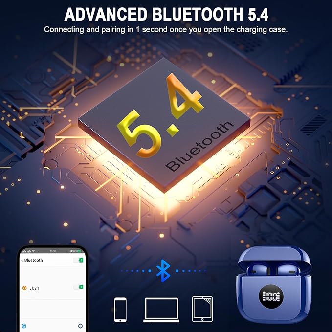 Wireless Earbuds, 2025 Bluetooth Headphones 5.4 HiFi Stereo, in-Ear Ear buds with 4 ENC Noise Cancelling Mics, 40H Playtime Sport Ear Buds with Charging Case, IP7 Waterproof Earphones with LED Display