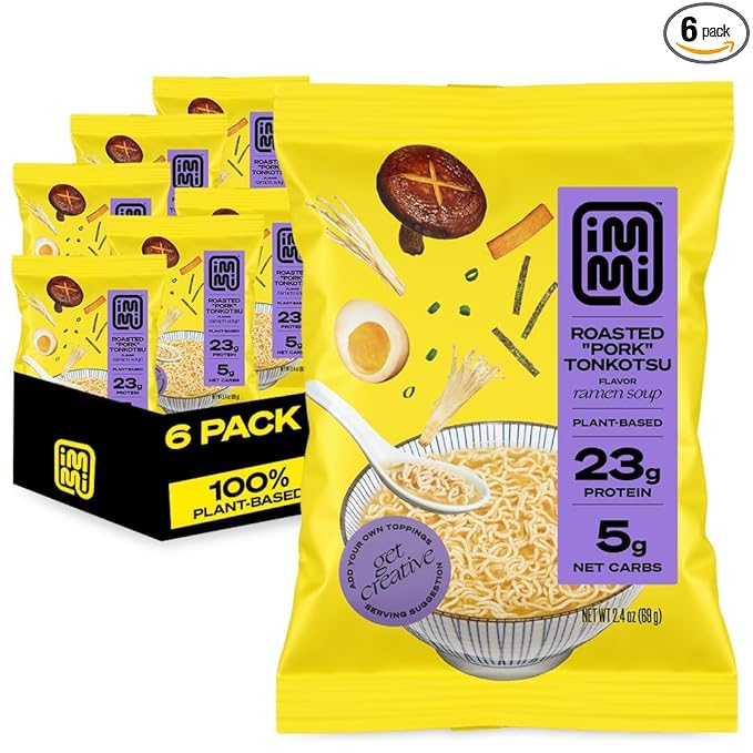 immi Roasted "Pork" Tonkotsu Ramen, 100% Plant Based, Keto Friendly, Low Carb, High Protein, Packaged Noodle Meal Kit, Ready to Eat, 6 Pack