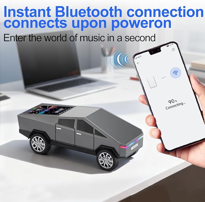 Futuristic Pickup Truck Bluetooth Speaker with LED Display Screen – TWS Stereo, FM Radio, USB/TF Playback, LED Headlights, Built-in Mic, Gift for Truck Fans, Auto Style Lovers&Tech Collectors (Gray)