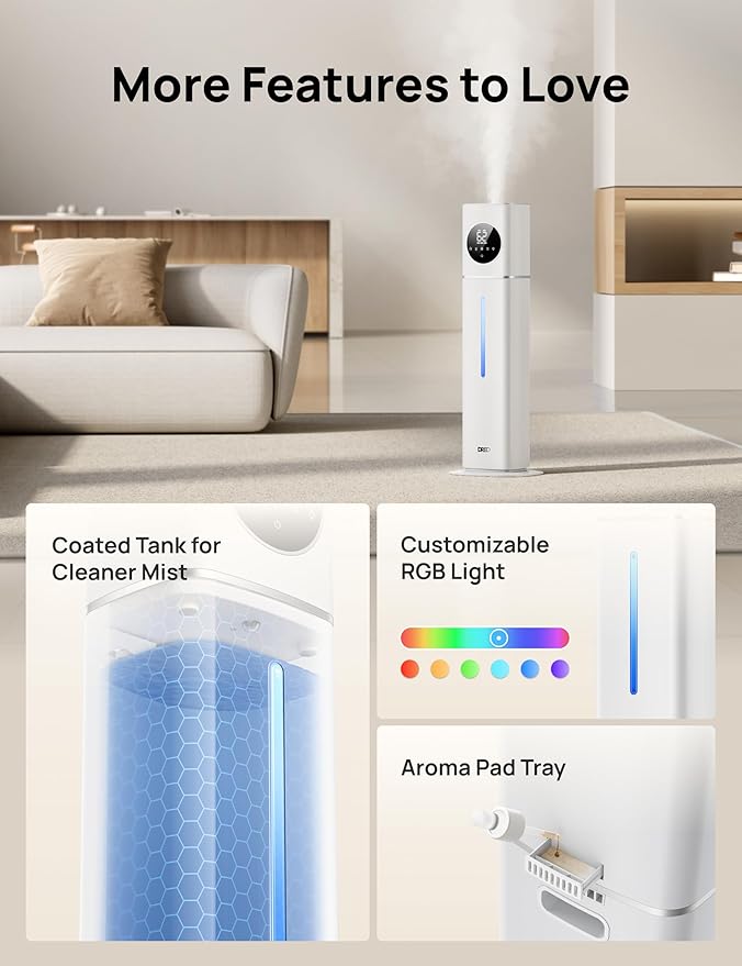DREO HM735S 11L Smart Humidifier Large Room 700 ft², 100H Cool Mist Air Humidifiers for Bedroom, Top-Fill, Clean Tank Technology, 26dB, Auto Mode, Aroma Box, RGB, Remote & APP Control, Baby, Silver