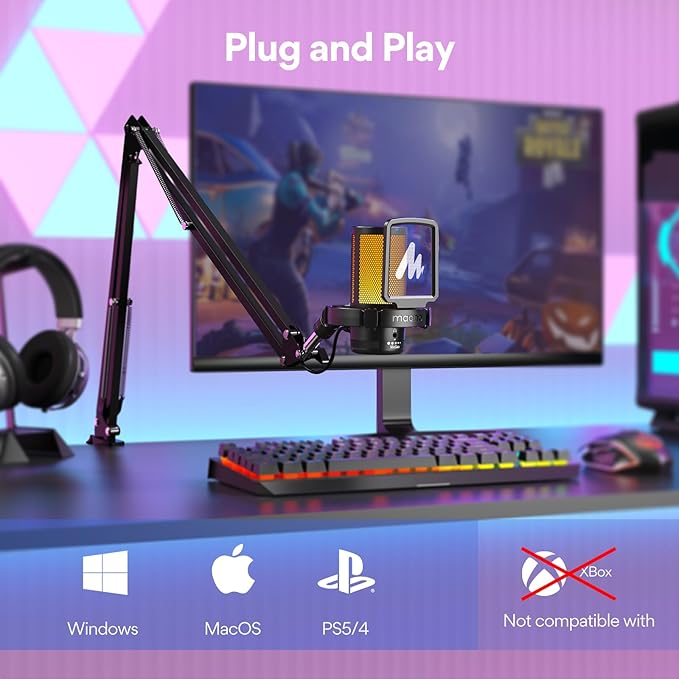 MAONO Gaming USB Microphone, Noise Cancellation Condenser Mic with Mute, Gain, Monitoring, Boom Arm Mic for Streaming, Podcast, Twitch, YouTube, Discord, PC, Computer, PS4, PS5, Mac, GamerWave DGM20S