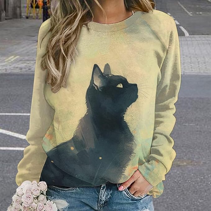 Long Sleeve Shirts for Women Cat Printed Fall Winter Dressy Holiday Casual Fashion Crewneck Tunic Tee Shirts