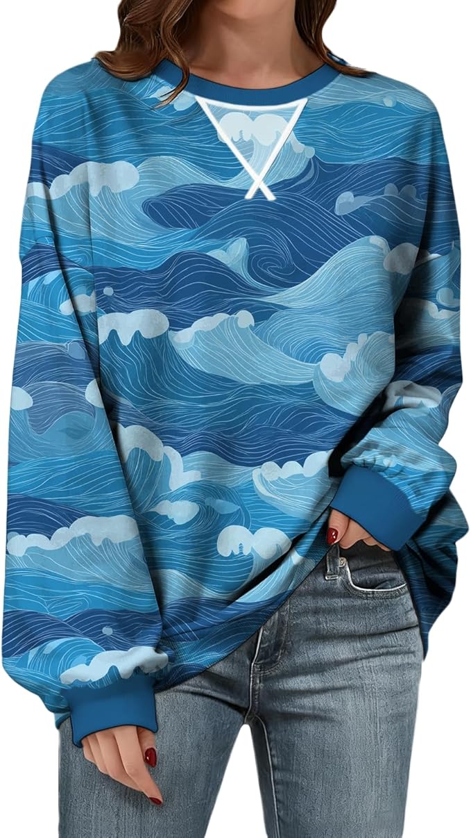 Womens Sweatshirts Fahsion Floral Print Long Sleeve Comfy Fall Tops Oversized Casual Crewneck Pullover Shirts