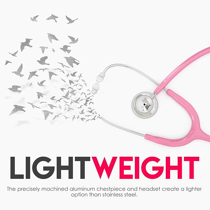 MDF Instruments, Acoustica Lightweight Stethoscope for Doctors, Nurses, Students, Home Health Use, Adult, Dual Head, Pink Tube, Silver Chestpiece-Headset, MDF747XP01