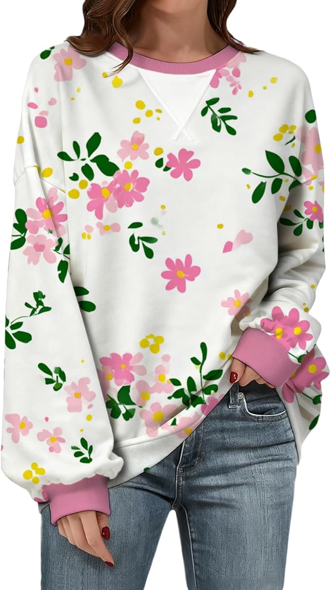 Womens Sweatshirts Fahsion Floral Print Long Sleeve Comfy Fall Tops Oversized Casual Crewneck Pullover Shirts
