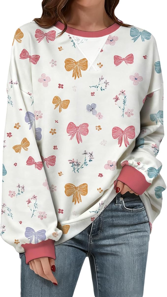 Womens Sweatshirts Fahsion Floral Print Long Sleeve Comfy Fall Tops Oversized Casual Crewneck Pullover Shirts