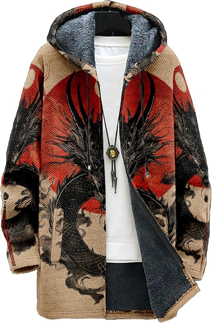 Mens Hooded Cardigan Japanese Art Zip Up Long Sleeve Sweater Hoodie Dragon Print Coat with Pockets