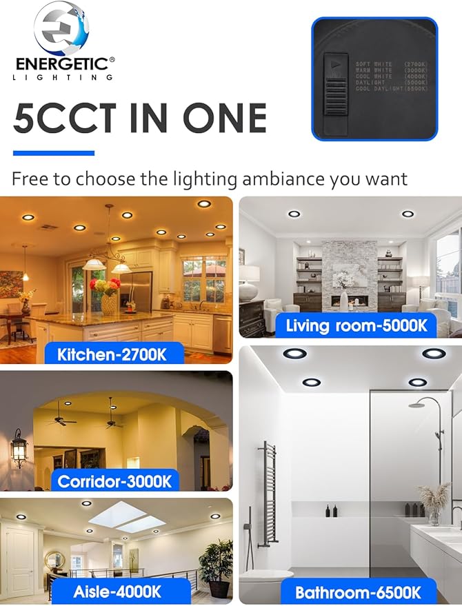 12 Pack 5/6 Inch 5CCT Black LED Recessed Lighting Retrofit, 2700K/3000K/4000K/5000K/6500K Selectable, Dimmable Can Lights with Baffle Trim, 12W=150W, High Brightness 1000LM, Wet Rated, ETL Certified