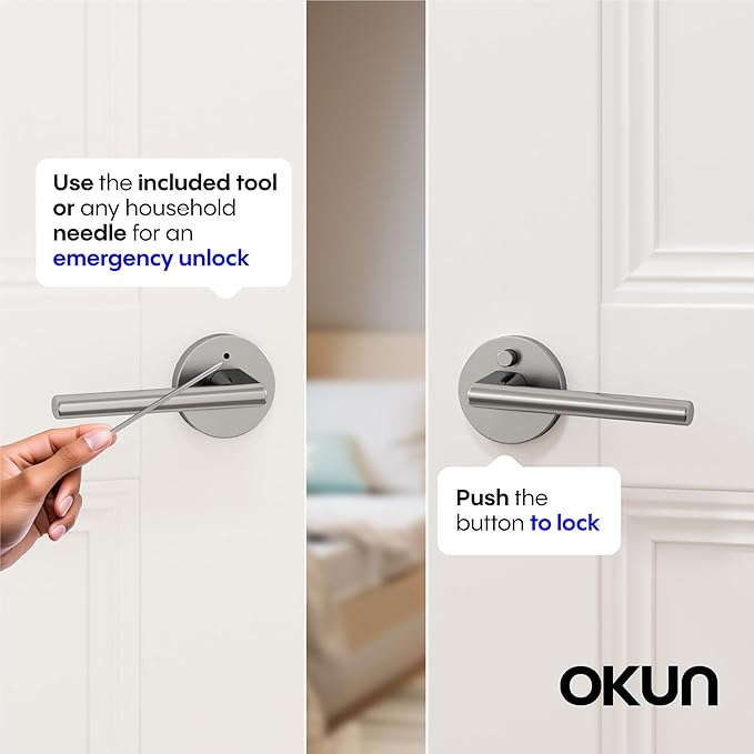 Okun Brio 2-Pack Brushed Nickel Privacy Door Levers – Push Button Lock, Reversible, Sleek Concealed-Mount Design for Bedroom & Bathroom