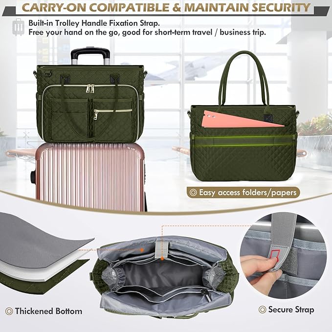 RAINSMORE Teacher Tote Bag 15.6 inch Laptop Bag for Women Work Bags Laptop Tote Nurse Bag Professional Computer Messenger with Insulated Pocket, Laptop Briefcase for Office, College, Olive Green