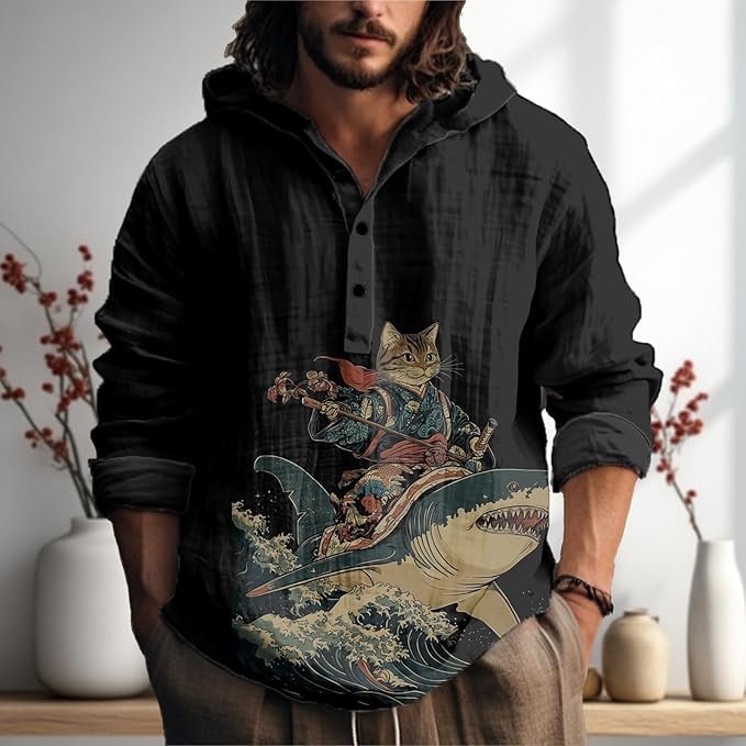 MARSVOVO Mens Japanese Art Long Sleeve Hooded Shirts Lightweight Quarter Button Hoodie Casual Cool Tops for Spring Fall
