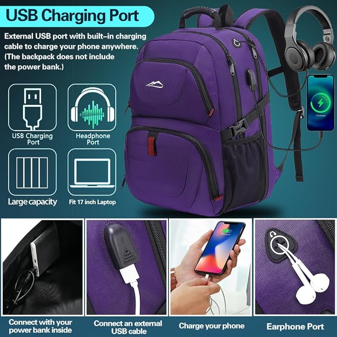 ProEtrade Travel Backpack, Extra Large Laptop Backpack School Business Anti Theft TSA Approved College Work Computer Bag Fits 17 Inch Laptop with USB Charging Port Bookbag for Women Men(Purple)