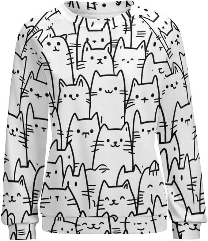 Fall Sweaters for Women 2024 Cat Print Long Sleeve Casual Crewneck Warm Fall Pullover Comfy Fashion Sweatshirts
